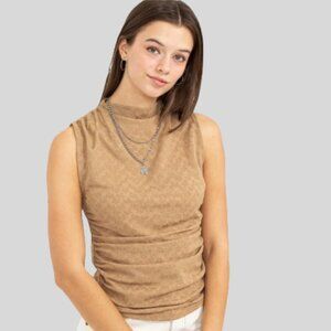 Floral Lace Stretchy Side Ruched Tank Tops - Color Taupe